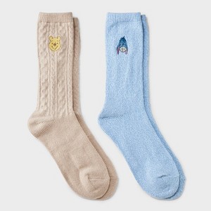 Women's Winnie The Pooh Super Soft Embroidered 2pk Crew Socks -  Taupe/Blue 4-10 - 1 of 3