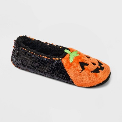 Women's Pumpkin Flip Sequin Pull-On Slipper Socks with Grippers - Hyde & EEK! Boutique™ Black/Orange