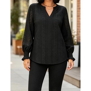 YESFASHION Plus Size V Neck Eyelet Embroidered Blouse Lantern Long