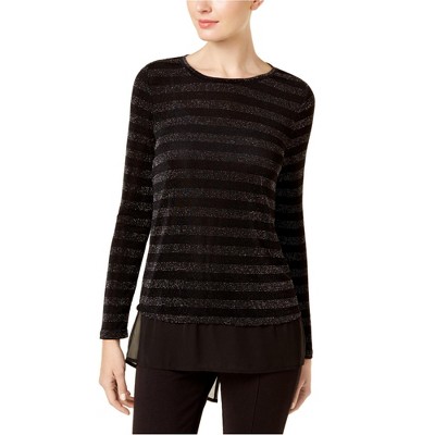 I.N.C International Concepts Womens Metallic Stripe Pullover Blouse, Black, Small