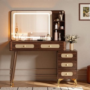 FONTOI 47.3"W Vintage Makeup Vanity with Mirror 5 Drawers and Storage Shelf for Bedroom Dressing Room, Dark Brown, 47.24"*13.78"*47.24" - 1 of 4