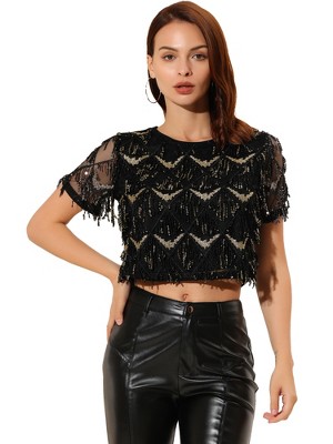 Allegra K Women's Christmas Sequin Shiny Glitter Crop Sheer Short Sleeves Tassel T-Shirt