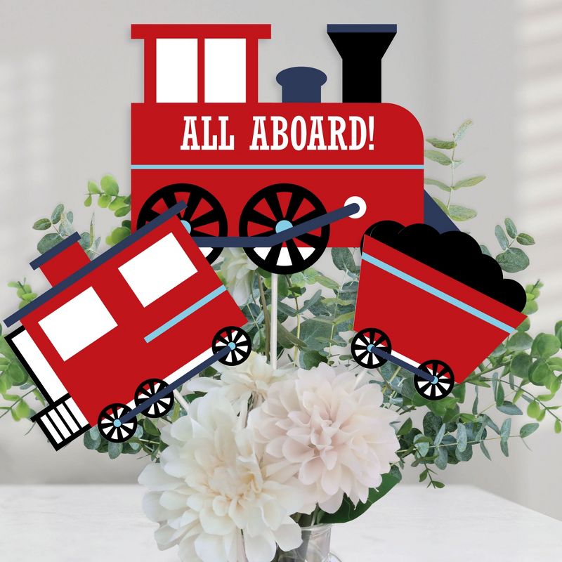 Big Dot of Happiness Railroad Party Crossing - Steam Train Birthday Party or Baby Shower Centerpiece Sticks - Table Toppers - Set of 15, 1 of 8