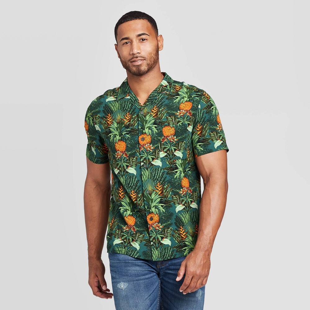 Men's Floral Print Standard Fit Short Sleeve Button-Down Camp Shirt - Goodfellow & Co Navy XL, Men's, Blue was $19.99 now $12.0 (40.0% off)