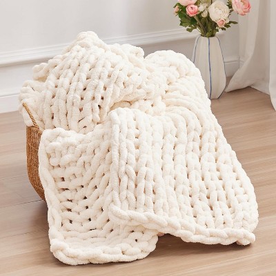 Attop Chunky Knit Throw Blanket, 50''*60'' Knitted Throw Chenille Yarn for Bed Couch, Handmade Cream Crochet Big Thick Blanket