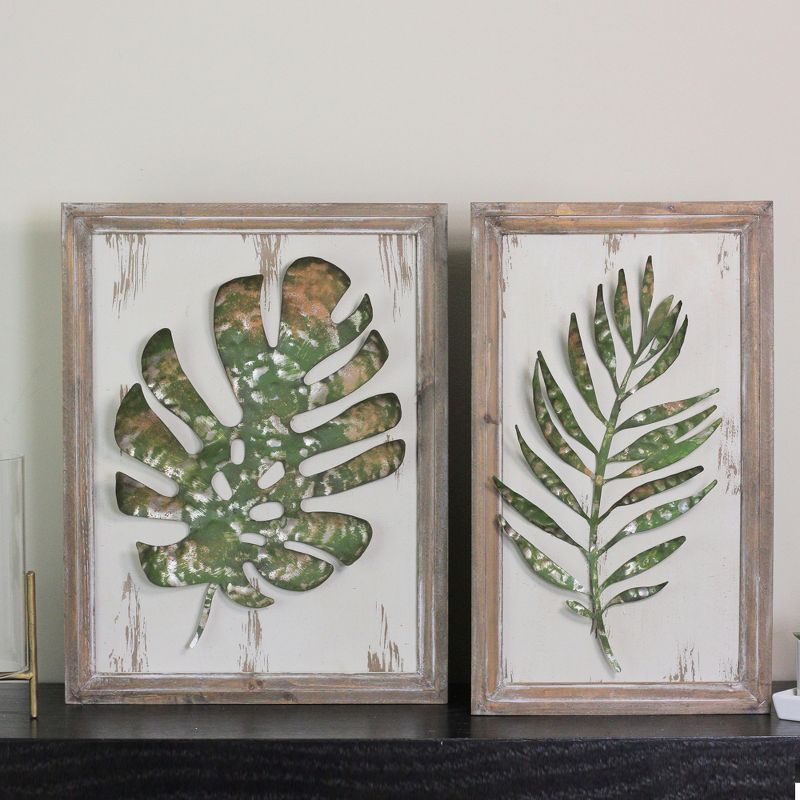 Melrose Set of 2 Rustic and Distressed Forest Green Leaf Framed Wall Plaques 19", 3 of 4