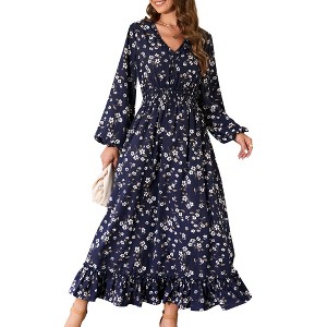 Clearlove Women's  2025 Fall Floral Maxi Dress 2025 Fall Long Sleeve V Neck Casual A Line Long Flowy Party Dresses - 1 of 4