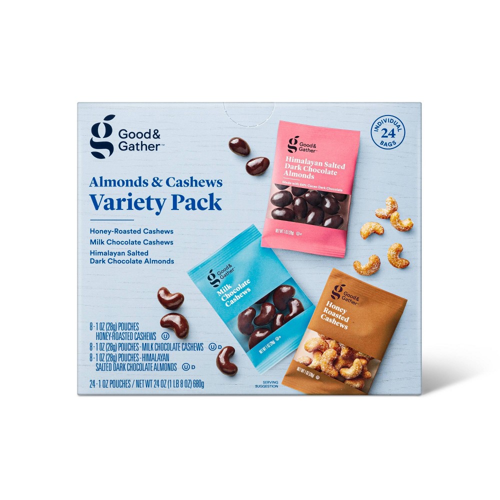Almonds and Cashews Variety Pack - 24oz/24ct - Good & Gather: Roasted, Pink Himalayan Salt, Milk Chocolate