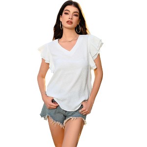 Women Tops for Summer Fashion Trendy Cap Sleeve V Neck Swiss Dot Chiffon Blouse Flowy Loose Fitting Teen T-Shirt - 1 of 1