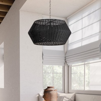 Matte Black Woven Rattan Drum Pendant Light