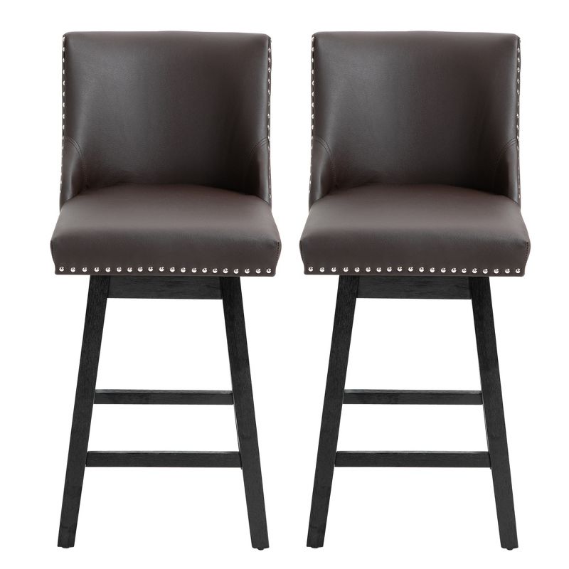 HOMCOM 28" Swivel Bar Height Bar Stools Set of 2, Armless Upholstered Barstools Chairs with Nailhead Trim, Wood Legs, 4 of 7