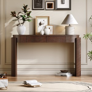 ModernLuxe Natural Wood Grain Entryway Console Table, Oval Top Sofa Table with Fluted Design & 2 Drawers for Living Room/Hallway - 1 of 4