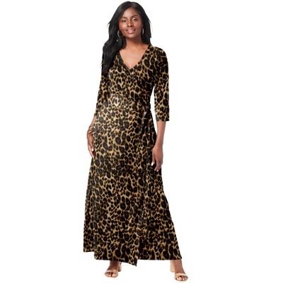 Jessica London Women's Plus Size Stretch Knit Faux Wrap Maxi Dress - 22 W,  Brown Painterly Cheetah : Target