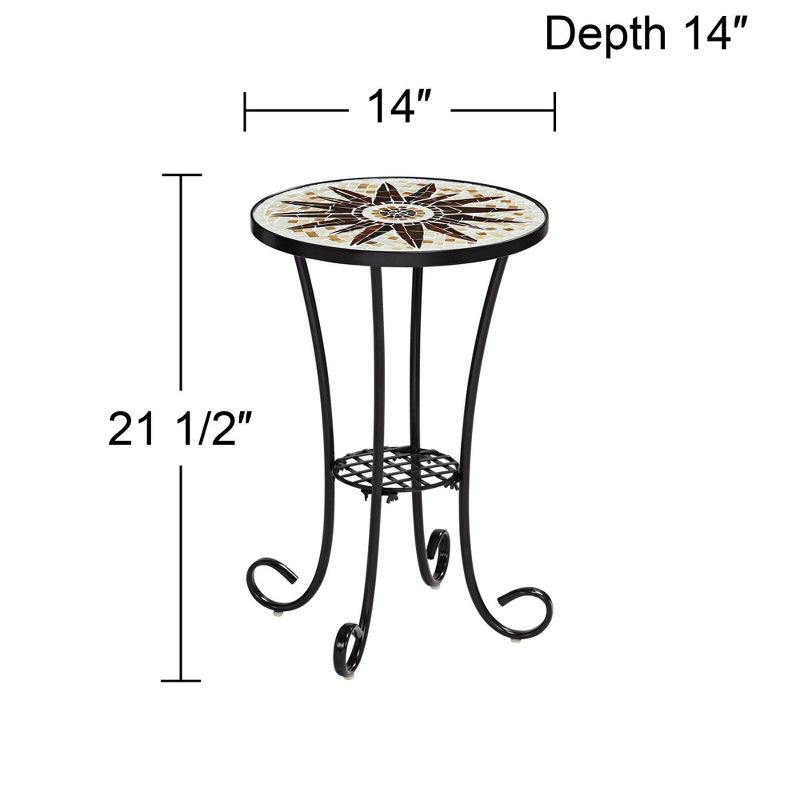Teal Island Designs Modern Black Round Outdoor Accent Side Table 14" Wide Brown Sunburst Mosaic Tabletop for Front Porch Patio House, 4 of 9