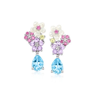 Ross-Simons 1.30 ct. t.w. Swiss Blue Topaz and .58 ct. t.w. Multi-Gemstone Floral Drop Earrings With Mother-Of-Pearl and Lab-Grown Diamonds in