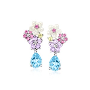 Ross-Simons 1.30 ct. t.w. Swiss Blue Topaz and .58 ct. t.w. Multi-Gemstone Floral Drop Earrings With Mother-Of-Pearl and Lab-Grown Diamonds in - 1 of 3