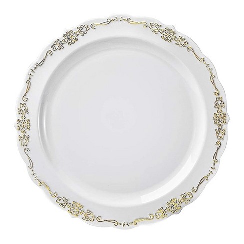 Smarty Had A Party 10 White Vintage Round Disposable Plastic Dinner Plates (120 Plates)