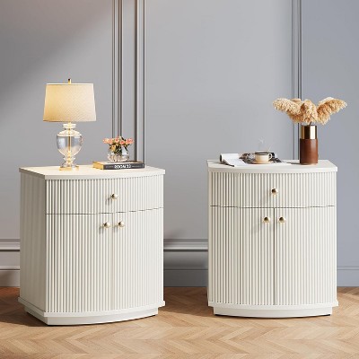 Tribesigns White Fluted Nightstand, 20-Inch Modern Bedside Table with Storage Drawer and Cabinet, for Apartment, Bedroom and Small Spaces