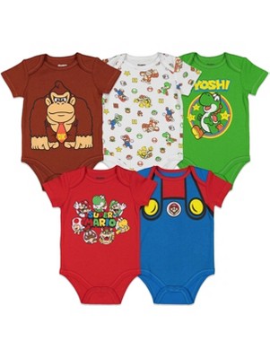 Image of SUPER MARIO Nintendo Mario Yoshi Donkey Kong Browser Lugi Toad Infant Baby Boys 5 Pack Short Sleeve Bodysuits Multicolored 12 Months