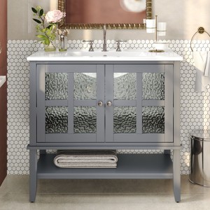 NicBex 36" Modern Bathroom Vanity with Ceramic Sink,Bathroom Combo Set with 2 Tempered Blurred Glass Doors&3 Shelves,8"Pre-drilled Faucet - 1 of 4