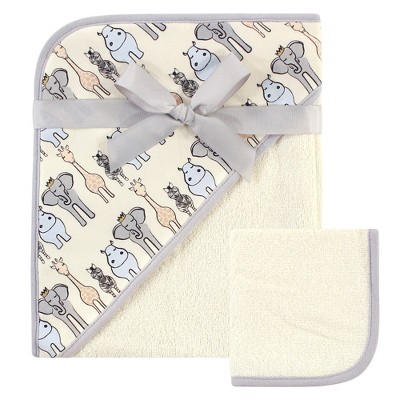 Hudson Baby Infant Boy Cotton Hooded Towel and Washcloth 2pc Set, Royal Safari, One Size