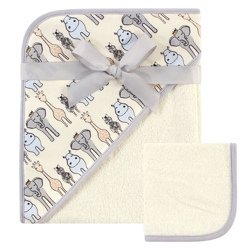 Hudson Baby Infant Boy Cotton Hooded Towel and Washcloth 2pc Set, Royal Safari, One Size, 1 of 5