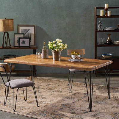 SKRAN Industrial Style Rectangular Dining Table, Wood Grain Acacia Wood Table with Iron Hairpin Legs, Suitable for Parties, Indoor and Outdoor, Black