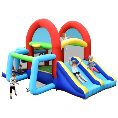 Tangkula Inflatable Bounce House 7-in-1 Kids Bouncer w/ Dual Slides, Jumping Area Football Goal Basketball Hoop Ball Blower Excluded