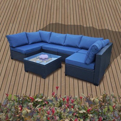 Chic Crate-7-Piece Outdoor PE Rattan Convertible Sofa Set - Black Frame & Ocean Blue Cushions, Waterproof Patio Furniture with Coffee Table