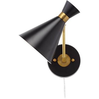 Venice Matte Black and Antique Brass Adjustable Cone Wall Lamp