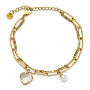 Chisel Stainless Steel Yellow IP-plated Mother of Pearl Heart and Simulated Pearl 6.5" Plus a 2" Ext. Bracelet - 1 of 4