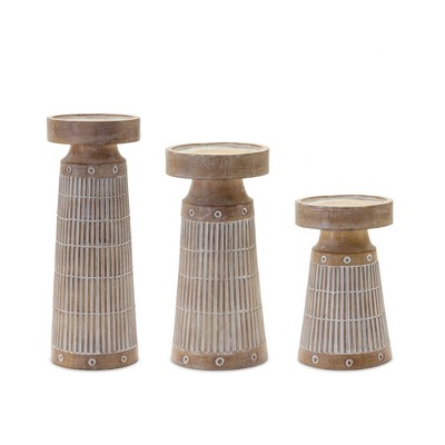 HomeRoots Set of Three Natural And White Distressed Geometric Polyresin Tabletop Pillar Candle Holders