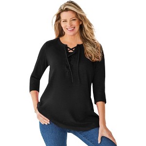 Woman Within Plus Size Lace-Up Three-Quarter Sleeve Tee - 1 of 4
