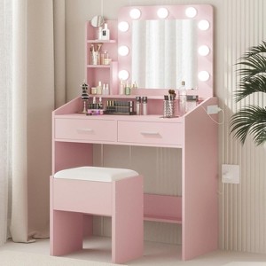 Vanity Desk with Mirror and Lights for Bedroom, Marble Black Modern Makeup Table with 2 Drawers, 3 Light Modes & Dimmable LED, Includes Stool - 1 of 4