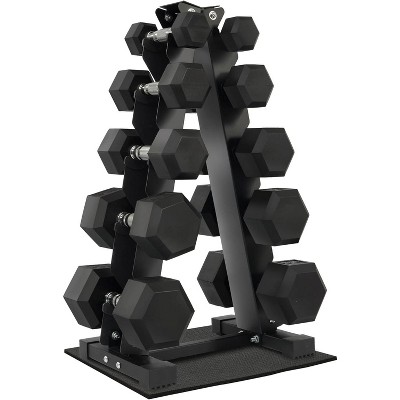 Rubber Coated Hex Dumbbell Set with Storage Rack, Free Weights for Home Gym