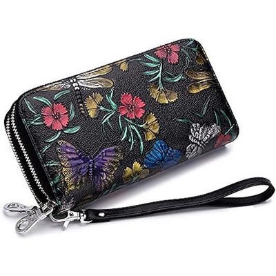 BEAFUP Women's Wallet,Creative Floral PrintLarge Capacity Double Zip Leather Wallet,RFID Blocking and Wristlet,(Random Print)