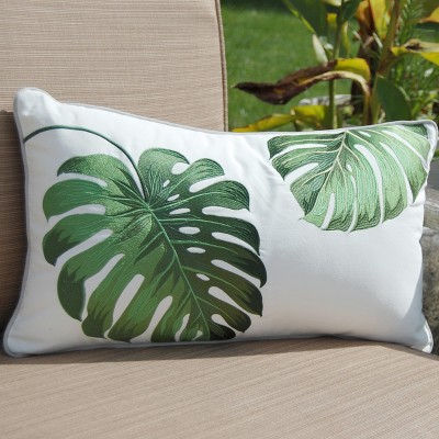 Green Monstera Embroidered Lumbar Indoor/Outdoor Pillow