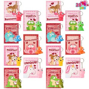 Joyfy 28 Pack Valentine Day Classroom Exchange Gift Cards with Fidget Popping Animal Keychains Gift Card and Toy Set Animal Keychain Assorted Colors - 1 of 4