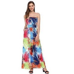 Women Strapless Floral Print Bohemian Boho Maxi Dress Casual Off Shoulder Beach Party Dress with Pockets - 1 of 4
