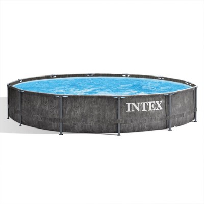 Intex Greywood Prism Frame 12 Foot x 30 Inch Round Above Ground Outdoor Swimming Pool with 530 GPH Filter Pump, Grey Woodgrain Design