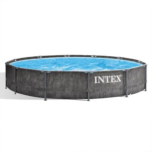 Intex Greywood Prism Frame 12 Foot x 30 Inch Round Above Ground Outdoor Swimming Pool with 530 GPH Filter Pump, Grey Woodgrain Design - 1 of 4