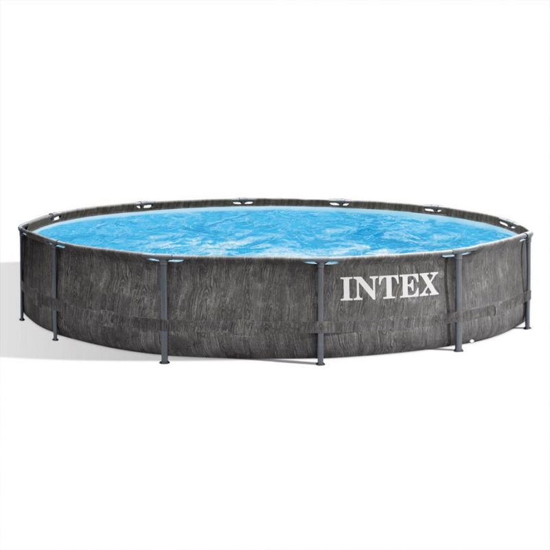 Intex Greywood Prism Frame 12 Foot x 30 Inch Round Above Ground Outdoor Swimming Pool with 530 GPH Filter Pump, Grey Woodgrain Design, 1 of 10