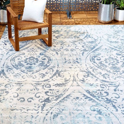 Ivory/Blue Rectangular Synthetic Medallion Indoor/Outdoor Rug