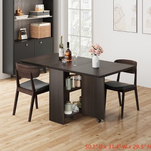 Folding Dining Table, Space Saving Farmhouse Dining Table for 4 Storage Shelf, 6 Wheels Multipose Expandable Kitchen Drop Leaf Table - 1 of 4