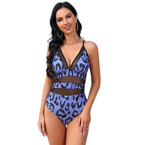 Womens Mesh Swimsuit One Piece V Neck Swimsuits Tummy Control High Waisted Cross Back Hollow Out Swimwears - 1 of 4