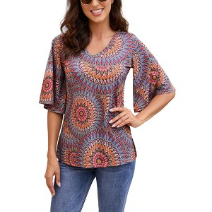 Clearlove Women's Blouse 3/4 Bell Sleeve Panel V Neck Floral Printed T- Shirts Loose Casual Tops - 1 of 4