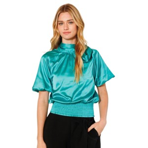 Slickblue Women's Satin Smocked Waist Blouse, Puff Elbow Sleeves, Mock Neck Bow, Turquoise/Taupe, Size S-L - 1 of 4