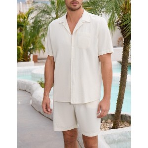 Men 2 Piece Set Short Sleeve Button Down Shirt and Drawstring Short Set Casual Summer Beach Outfit - 1 of 4