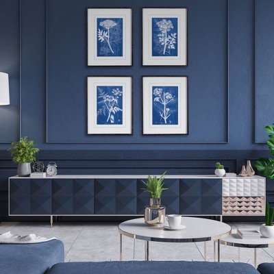 Set of 4 Blue and White Botanical Prints with Black Frames