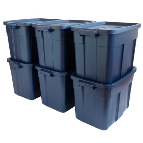 Rubbermaid Roughneck 72 quart Rugged Storage Tote in Dark Indigo Metallic  with Lid and Handles for Home, Basement, Garage, (6 Pack)
